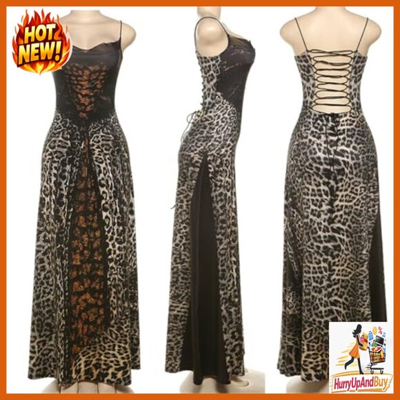 Leopard Print Bodycon Dress Spaghetti Straps Lace Up Sexy Nightclub Party Wear - Picture 4 of 7